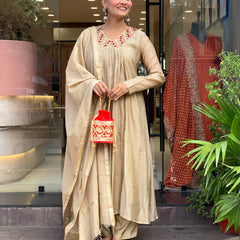 Women’s Chanderi Embroidered Kurti With Stitched Bottom & Dupatta Set