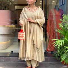 Women’s Chanderi Embroidered Kurti With Stitched Bottom & Dupatta Set