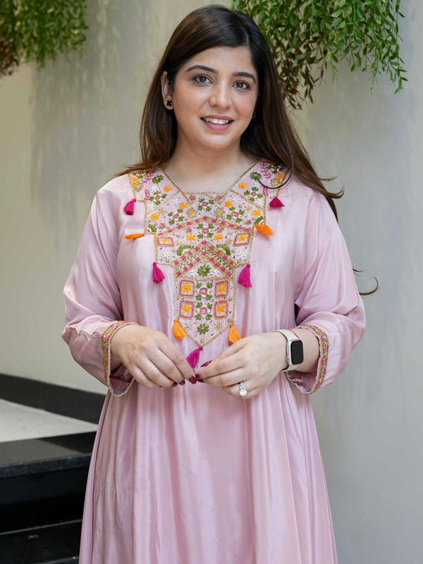 Women's French Crepe Embroidered Kurta Palazzo Set