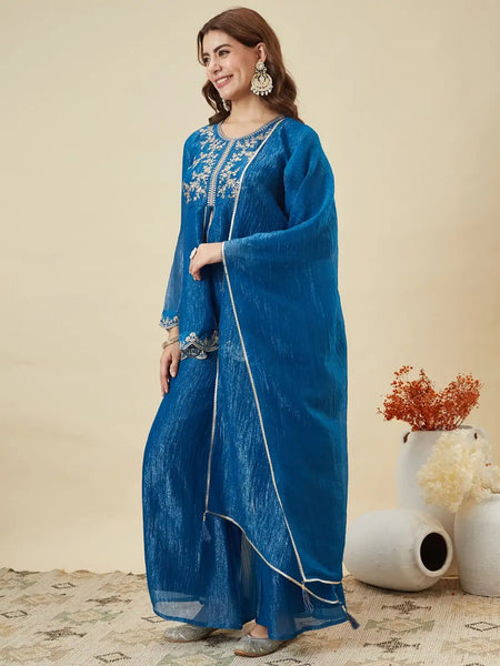 Women's Crunchy Silk Kurta With Pant & Dupatta Set
