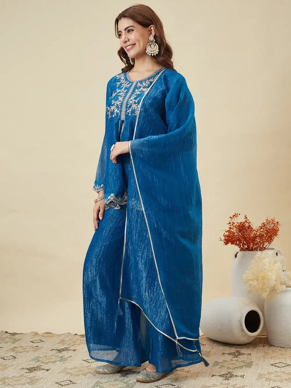 Women's Crunchy Silk Kurta With Pant & Dupatta Set