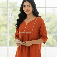Women’s Rust Orange Embroidered Soft Cotton Fancy Top