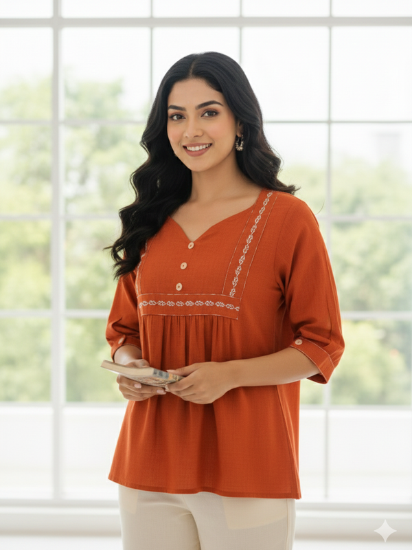 Women’s Rust Orange Embroidered Soft Cotton Fancy Top
