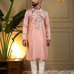 Men’s Viscose Silk Embroidered Kurta with Semi Cotton Chudidar
