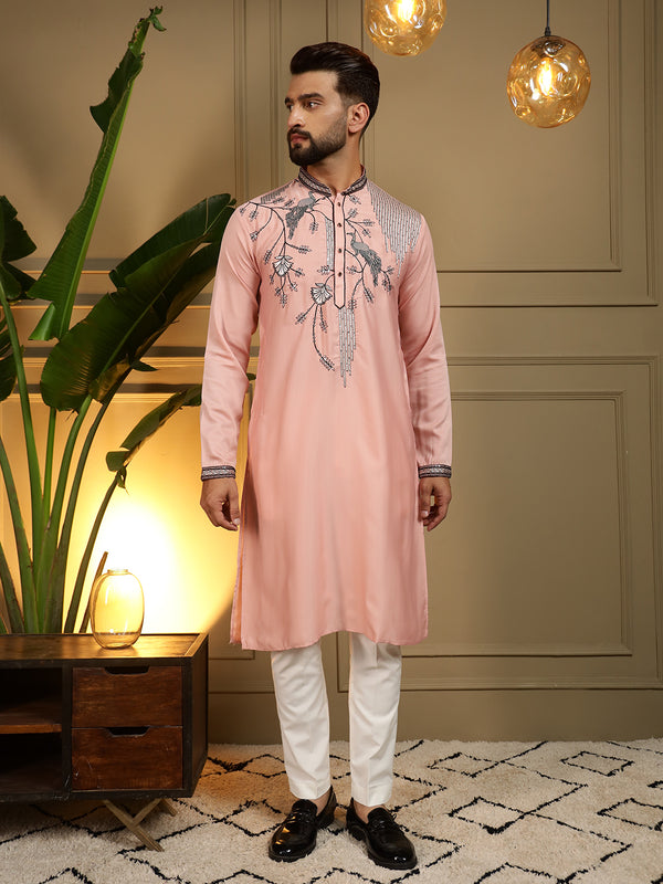 Men’s Viscose Silk Embroidered Kurta with Semi Cotton Chudidar