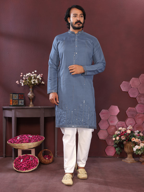 Men’s Premium Smart Silk Mirror Work Kurta with Raymond Cotton Pyjama