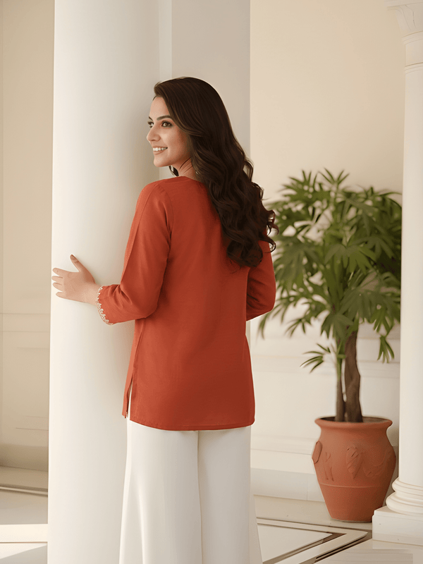Women’s Rust Orange Roman Silk Embroidered Fancy Top