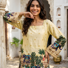 Women’s Off-White Cotton Kalamkari Tunic with Yellow Shine