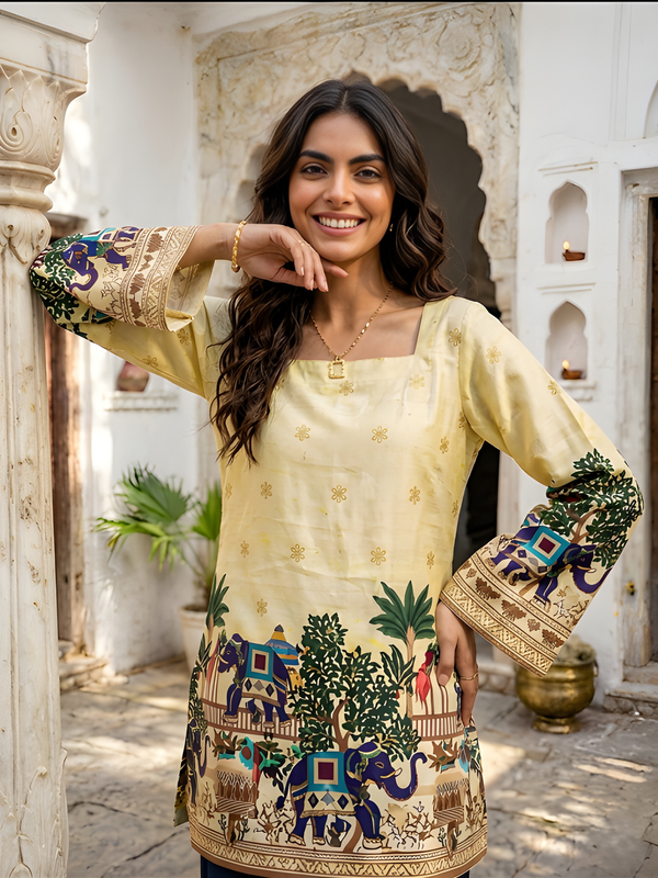 Women’s Off-White Cotton Kalamkari Tunic with Yellow Shine