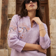 Women’s Lavender Linen Cotton Embroidered Split V-Neck Top