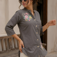 Women’s Grey Cotton Floral Printed Shirt Style Tunic