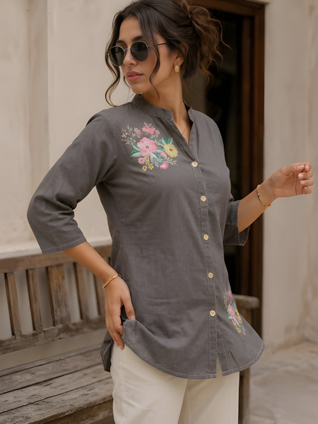 Women’s Grey Cotton Floral Printed Shirt Style Tunic