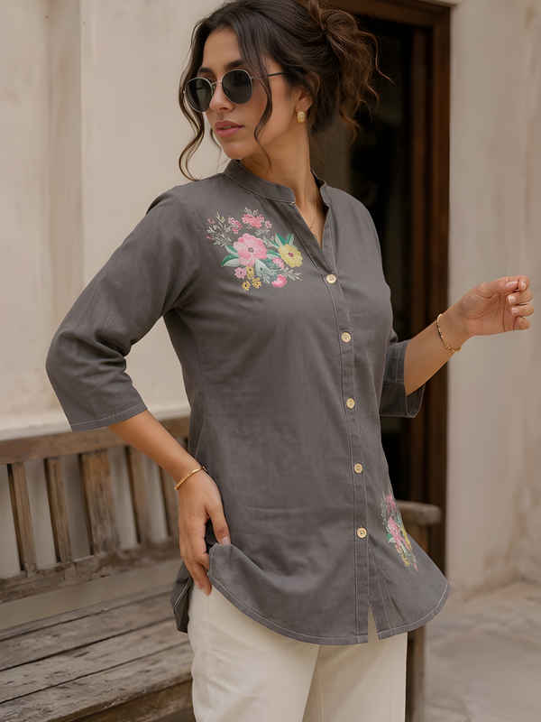 Women’s Grey Cotton Floral Printed Shirt Style Tunic