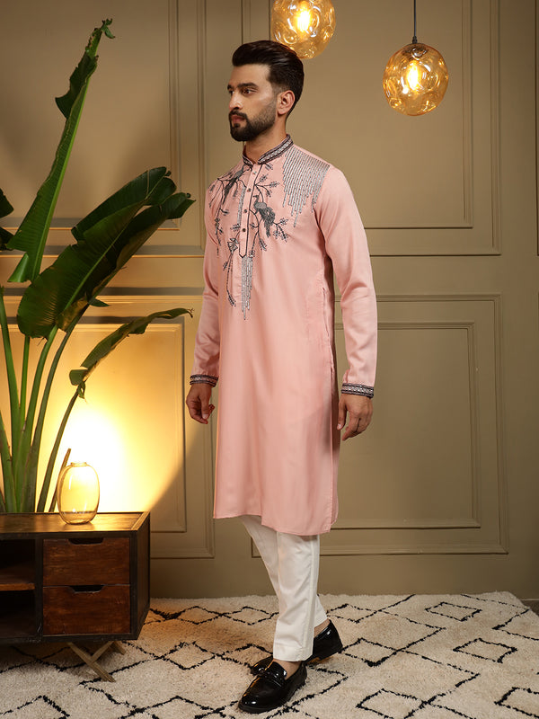 Men’s Viscose Silk Embroidered Kurta with Semi Cotton Chudidar