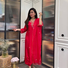 Women’s Red Kurti with Embroidered Organza Dupatta