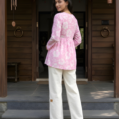 Women’s White-Pink Cotton Printed Flared Kurti