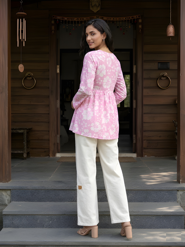 Women’s White-Pink Cotton Printed Flared Kurti
