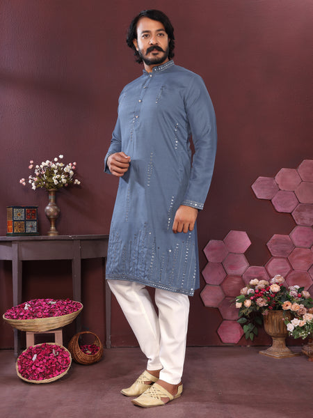 Men’s Premium Smart Silk Mirror Work Kurta with Raymond Cotton Pyjama