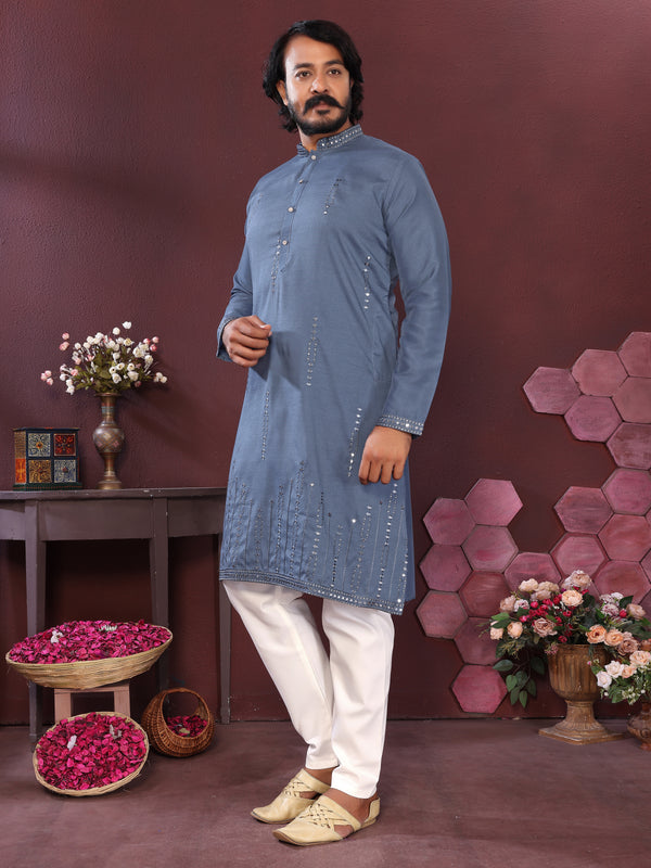 Men’s Premium Smart Silk Mirror Work Kurta with Raymond Cotton Pyjama