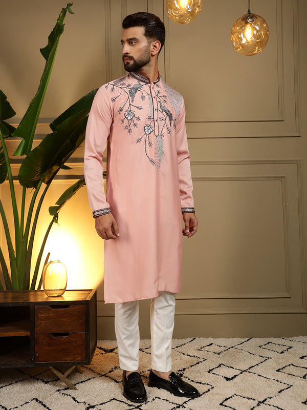 Men’s Viscose Silk Embroidered Kurta with Semi Cotton Chudidar