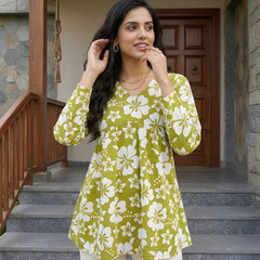Women’s White-Parrot Cotton Printed Flared Kurti