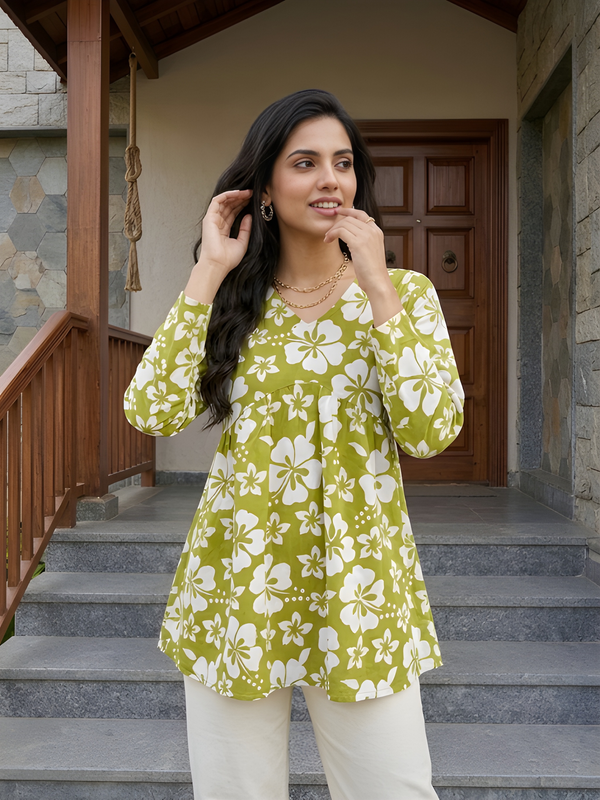 Women’s White-Parrot Cotton Printed Flared Kurti
