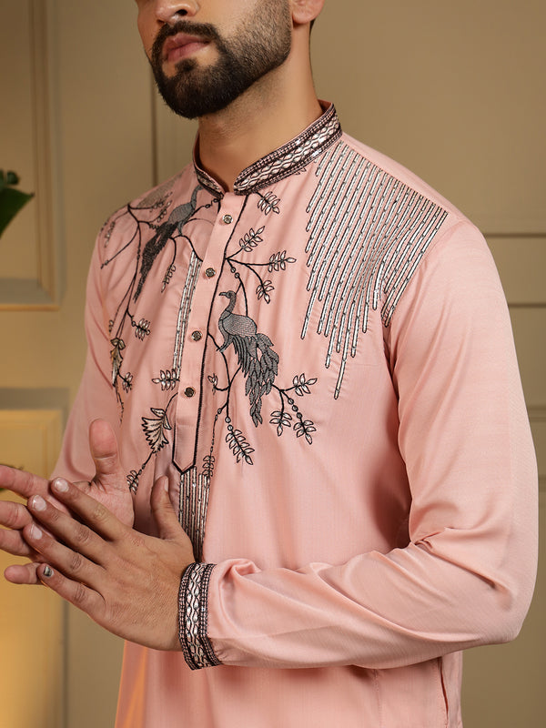 Men’s Viscose Silk Embroidered Kurta with Semi Cotton Chudidar
