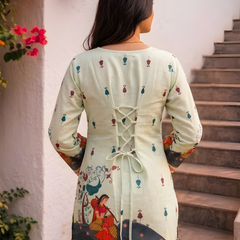 Women’s Cream Cotton Kalamkari Printed V-Neck Tunic