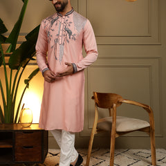 Men’s Viscose Silk Embroidered Kurta with Semi Cotton Chudidar