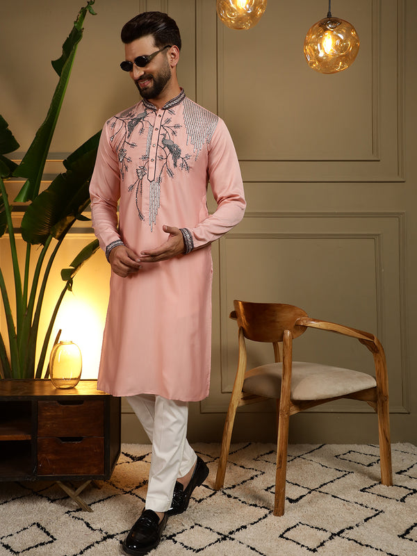 Men’s Viscose Silk Embroidered Kurta with Semi Cotton Chudidar