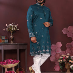 Men’s Premium Smart Silk Sequence Embroidered Kurta with Raymond Cotton Pyjama
