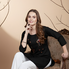 Black Casual Rayon Handwork Tunic Top for Women