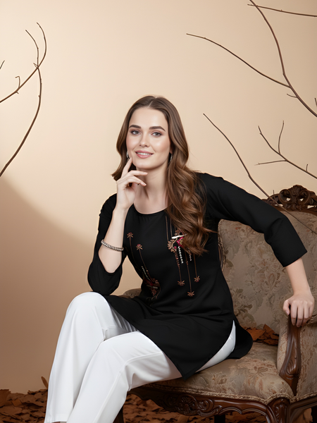 Black Casual Rayon Handwork Tunic Top for Women