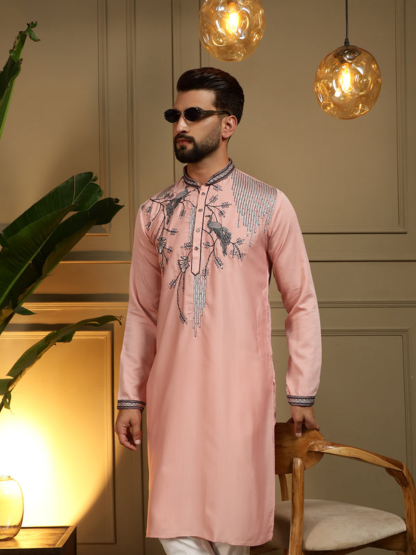 Men’s Viscose Silk Embroidered Kurta with Semi Cotton Chudidar