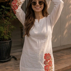 Women’s White Cotton DTF Printed V-Neck Fancy Top