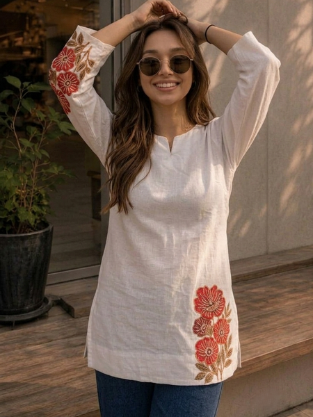 Women’s White Cotton DTF Printed V-Neck Fancy Top
