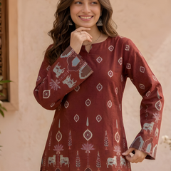 Women’s Maroon Cotton Kalamkari Bell Sleeve Tunic