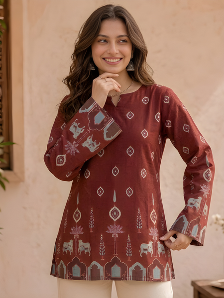 Women’s Maroon Cotton Kalamkari Bell Sleeve Tunic