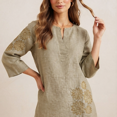 Women’s Olive Green Linen Cotton Embroidered Split V-Neck Top