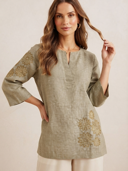 Women’s Olive Green Linen Cotton Embroidered Split V-Neck Top