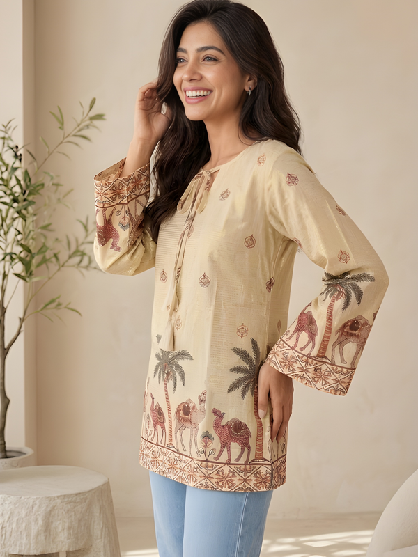 Women’s Off-White Cotton Kalamkari Printed Tunic