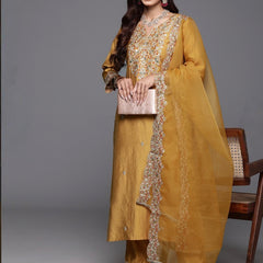 Women’s Chanderi Embroidered Kurta with Stitched Bottom & Organza Dupatta Set