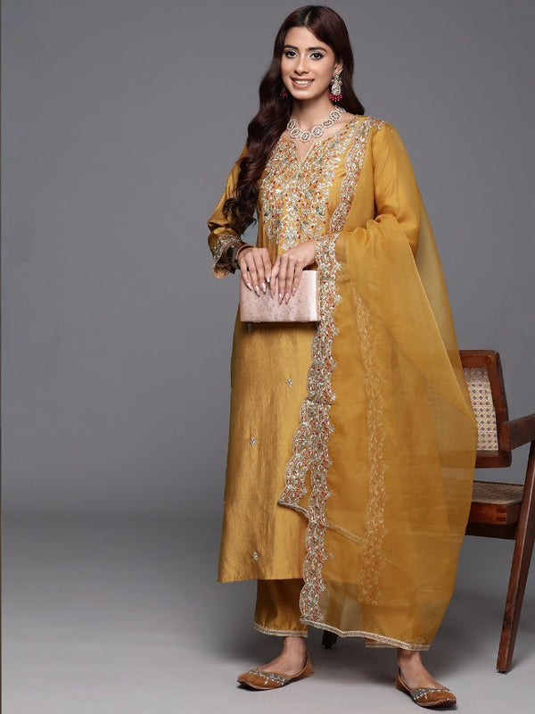 Women’s Chanderi Embroidered Kurta with Stitched Bottom & Organza Dupatta Set