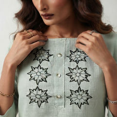 Women’s Sage Green Linen Cotton Embroidered Split Neck Top