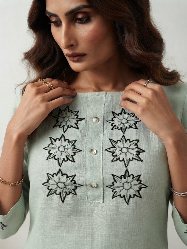 Women’s Sage Green Linen Cotton Embroidered Split Neck Top