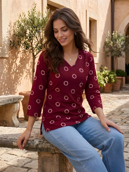 Women’s Maroon Cotton Printed Straight Tunic
