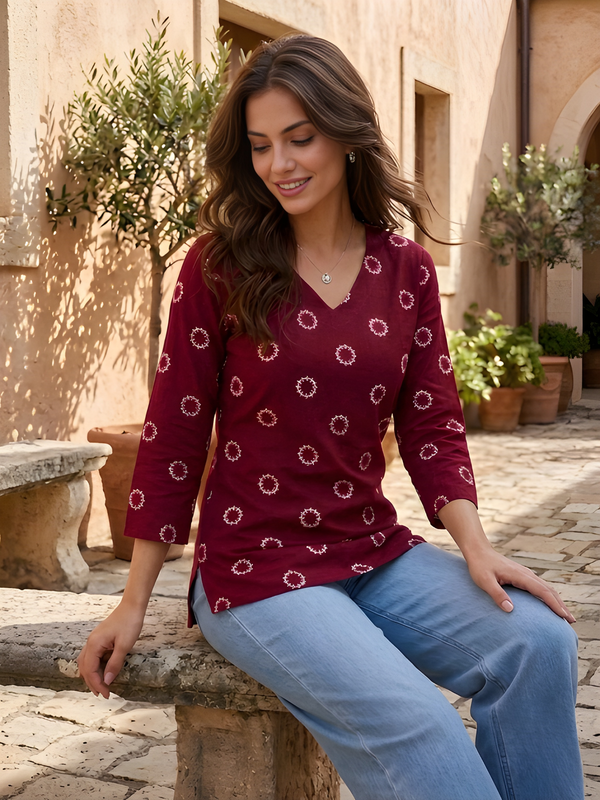 Women’s Maroon Cotton Printed Straight Tunic