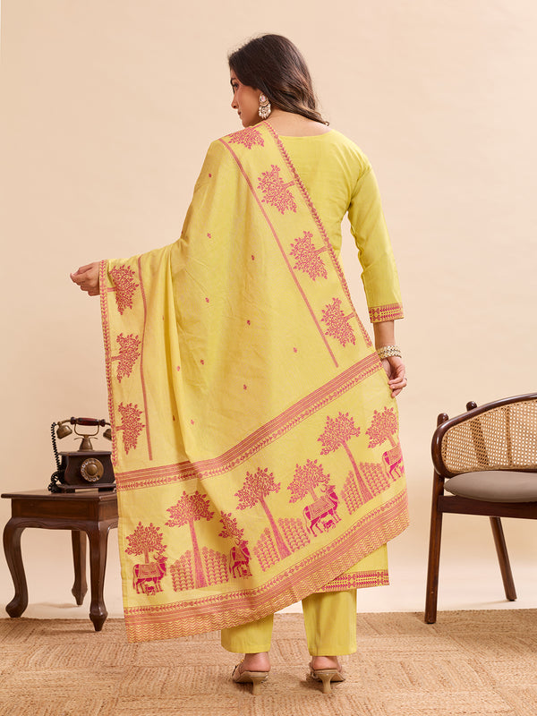 Women's Pure Cotton Jacquard Kurta With Pant & Cotton Dupatta Set