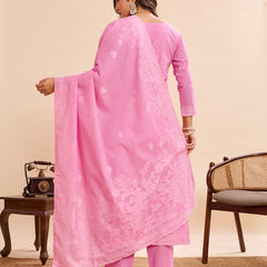 Women's Pure Cotton Jacquard Kurta With Pant & Cotton Dupatta Set