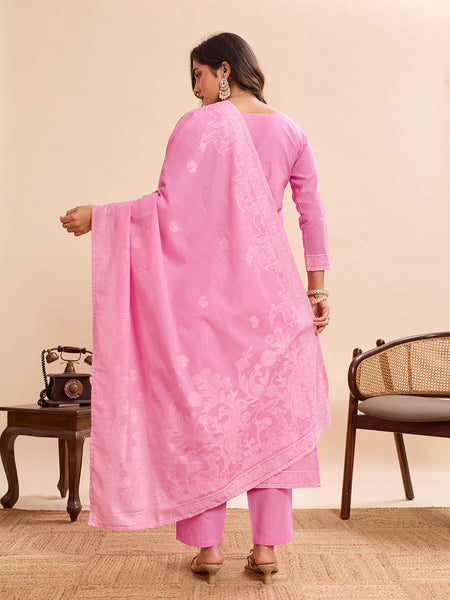 Women's Pure Cotton Jacquard Kurta With Pant & Cotton Dupatta Set